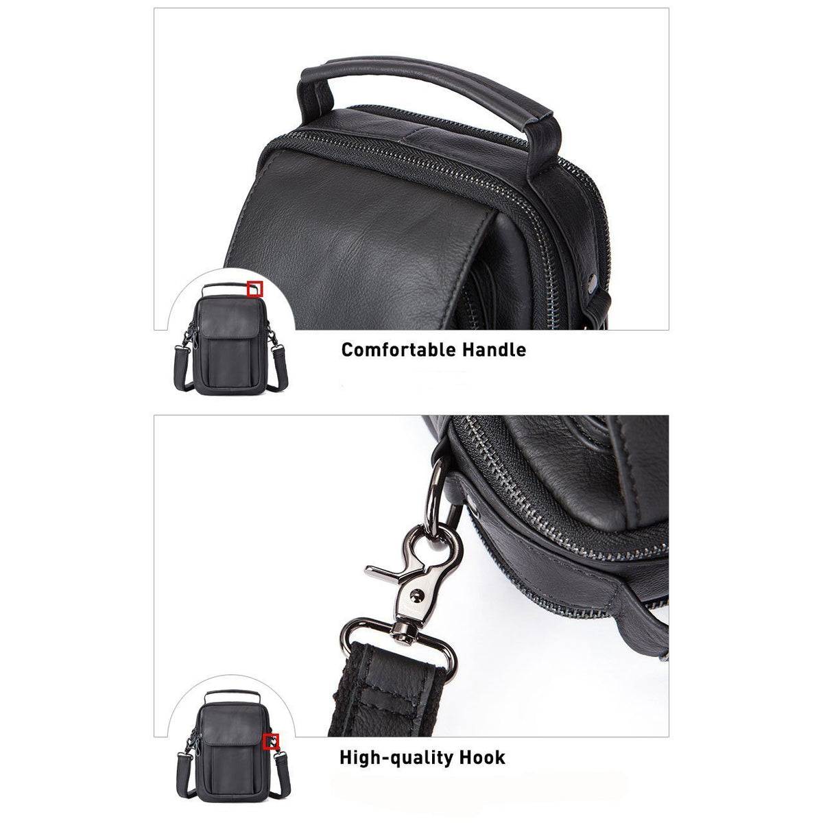Men Cross-body Handbag Made with Original Leather and Fashionable Zippers