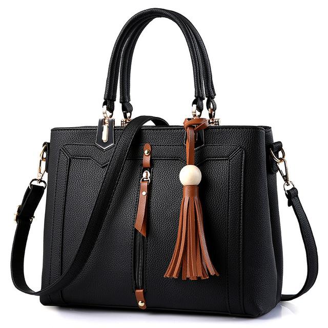Women Lookbook Tote cross body Messenger Faux-Leather Bag with Tassels