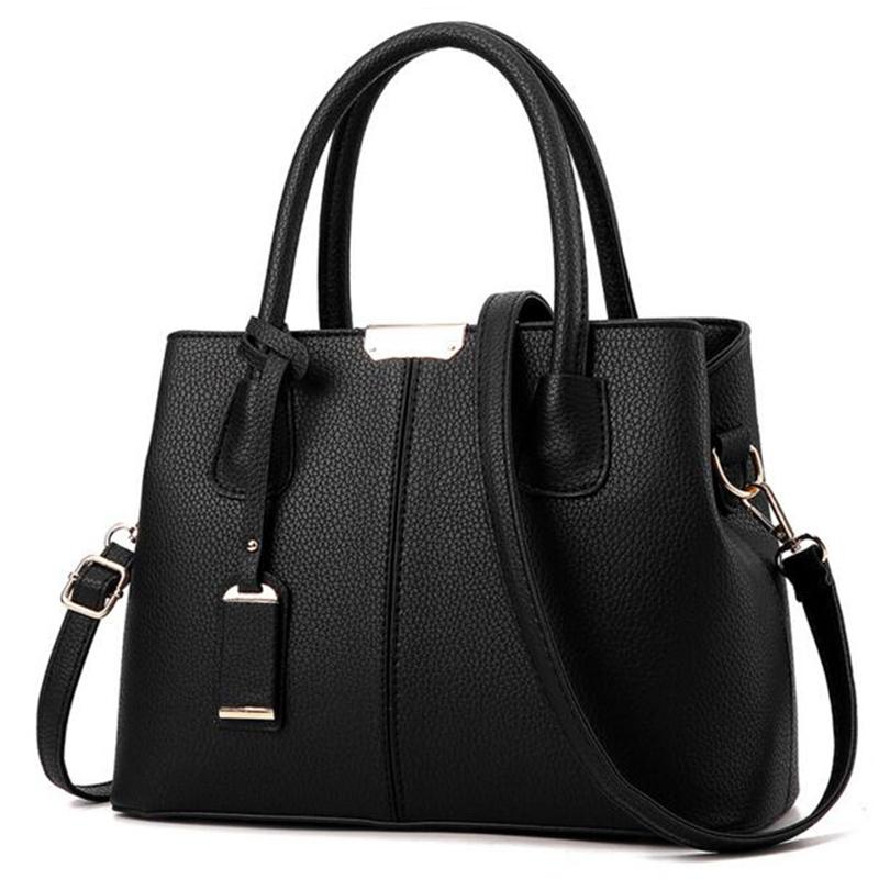 Women Black Tote Messenger Leather Handbag Front View