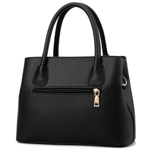 Women Black Tote Messenger Leather Handbag Back View with Slit Zipper Pocket