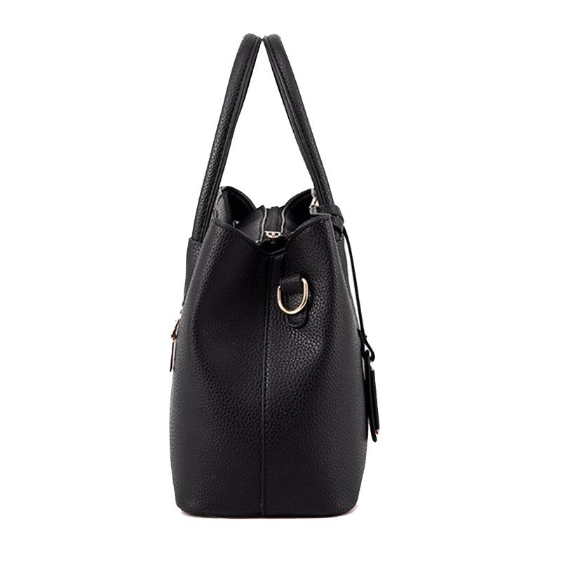 Women Black Tote Messenger Leather Handbag Side View