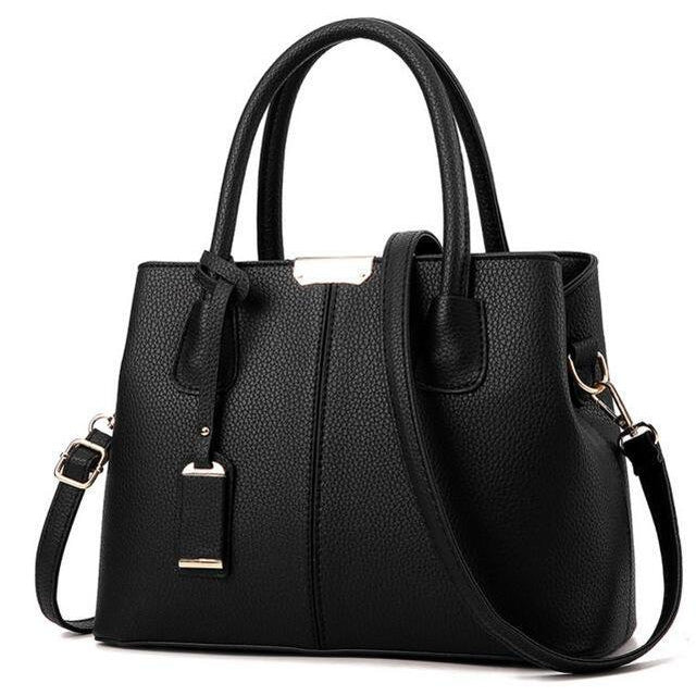 Women Black Tote Messenger Leather Handbag Front View