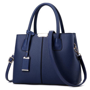 Women Navy Blue Tote Messenger Leather Handbag Front View