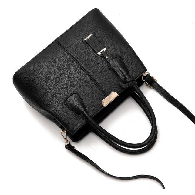 Women Black Tote Messenger Leather Handbag Laydown View