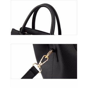 Women Black Tote Messenger Leather Handbag Gold Metal Connectors Clips