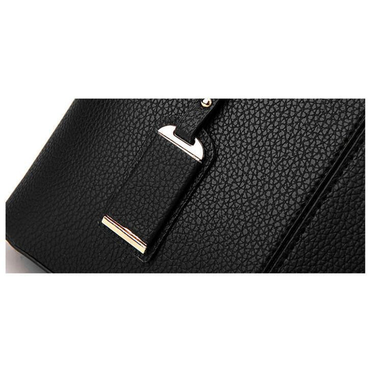 Women Black Tote Messenger Leather Handbag Decorative Tag