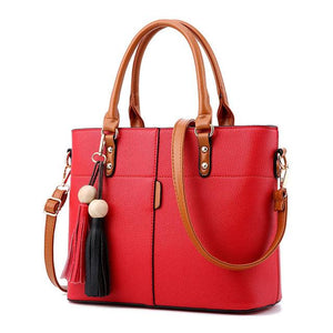 Women High Quality Faux-Leather Bag with Brown Grab Handles and Black-Red Tassels