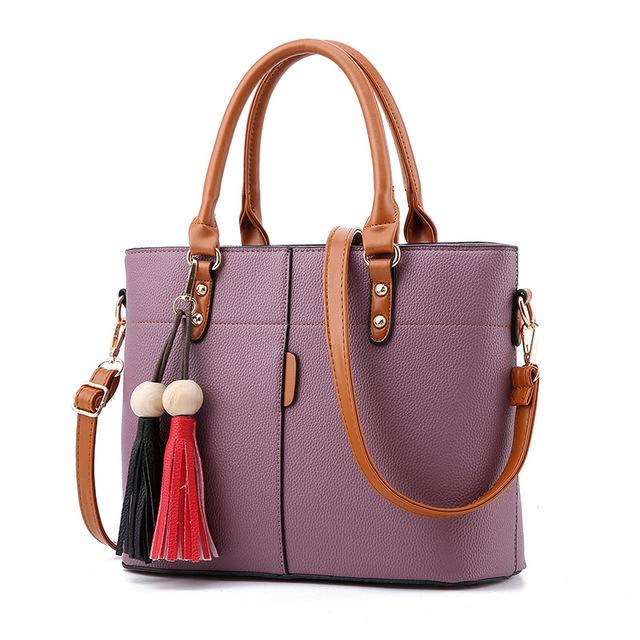 Women High Quality Faux-Leather Bag with Brown Grab Handles and