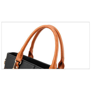 Women High Quality Faux-Leather Bag with Brown Grab Handles and Black-Red Tassels