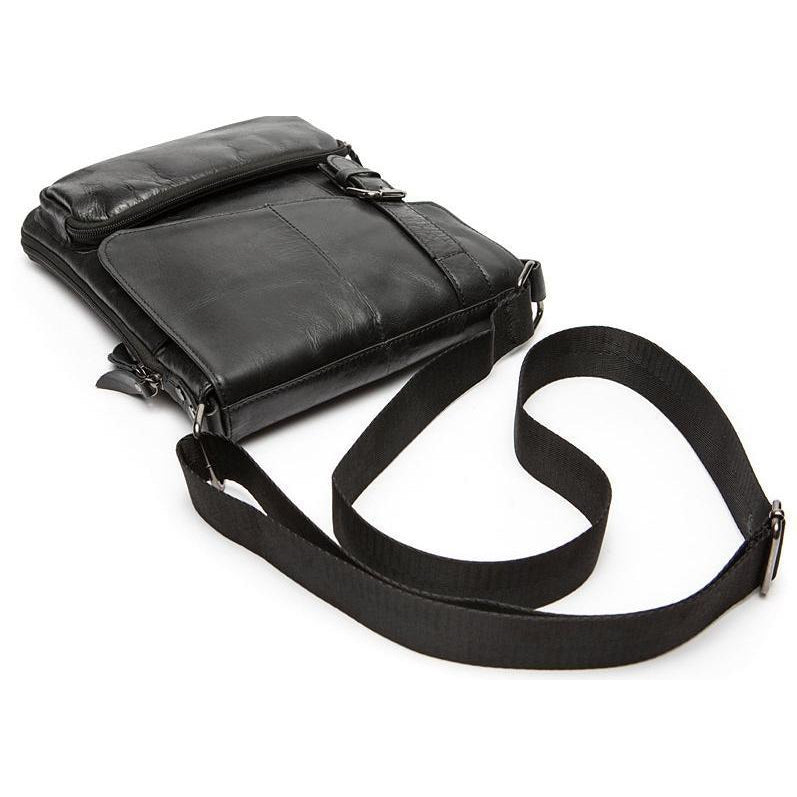 Men Black Natural Leather Shoulder Bag with a Belt Buckle Flap Closure ...