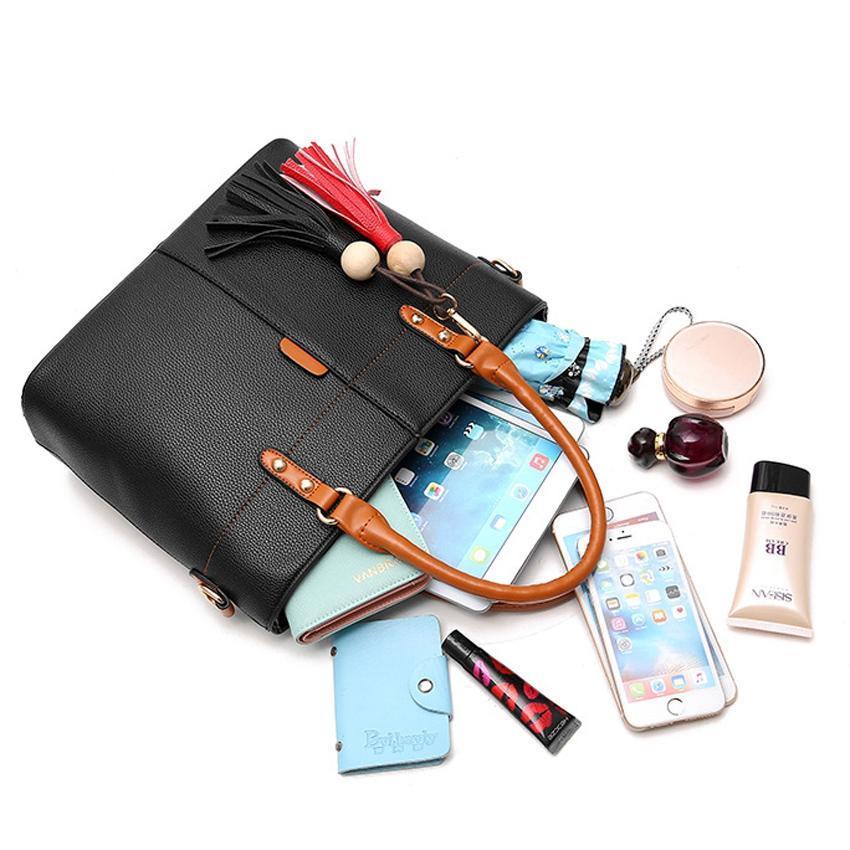 Women Tote Messenger Crossbody Synthetic Faux-Leather Handbag with Red-Black Tassels