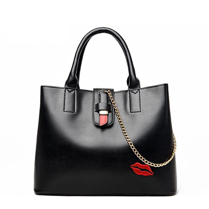 Women Casual Black Faux-Leather Handbag with Lipstick Kiss Pattern and Pendant
