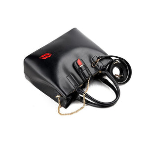 Women Casual Black Faux-Leather Handbag with Lipstick Kiss Pattern and Pendant