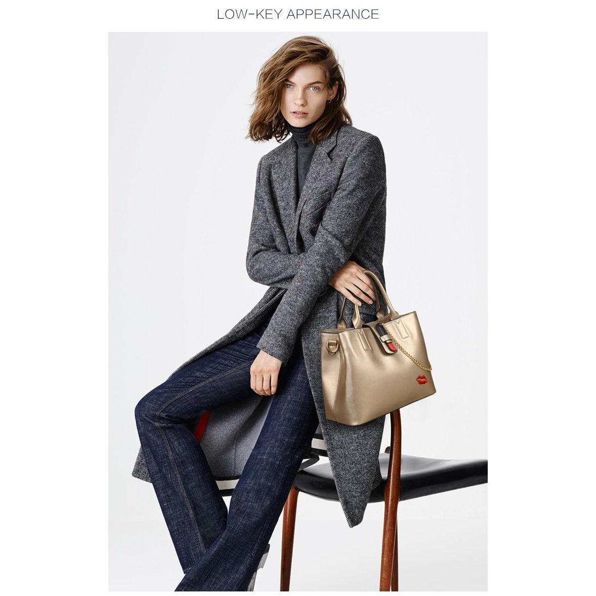 Women Casual Black Faux-Leather Handbag with Lipstick Kiss Pattern and Pendant