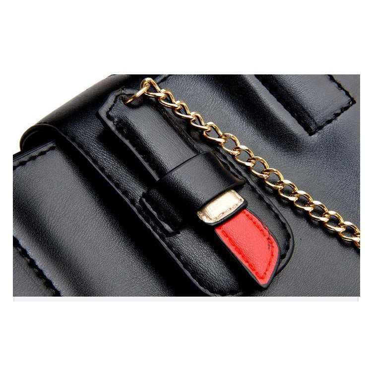 Women Casual Black Faux-Leather Handbag with Lipstick Kiss Pattern