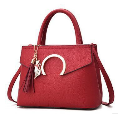 Women Luxury Black Faux-Leather Tote Messenger Bag with a Dazzling Tassel