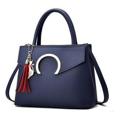 Women Luxury Black Faux-Leather Tote Messenger Bag with a Dazzling Tassel