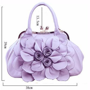 Women Purple Tote Leather Handbag with Floral Design Dimensions