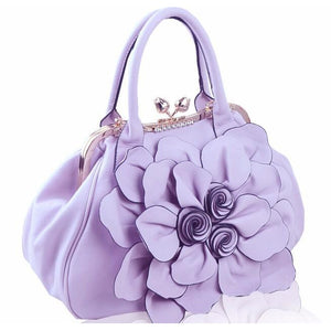 Women Purple Tote Leather Handbag with Floral Design Side