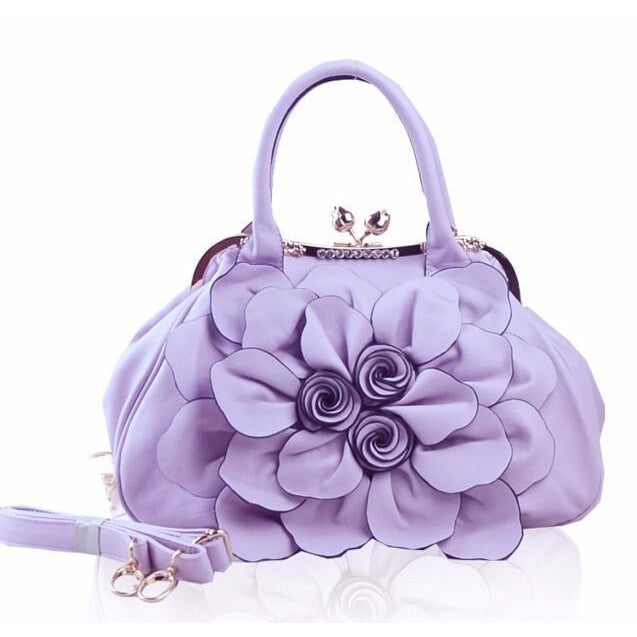 Women Purple Tote Leather Handbag with Floral Design